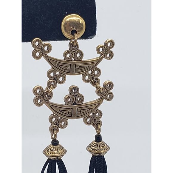 Asian Inspired Dangle Earrings Gold Tone Black Tassel Long Drop Pierced Fringe - Picture 10 of 12